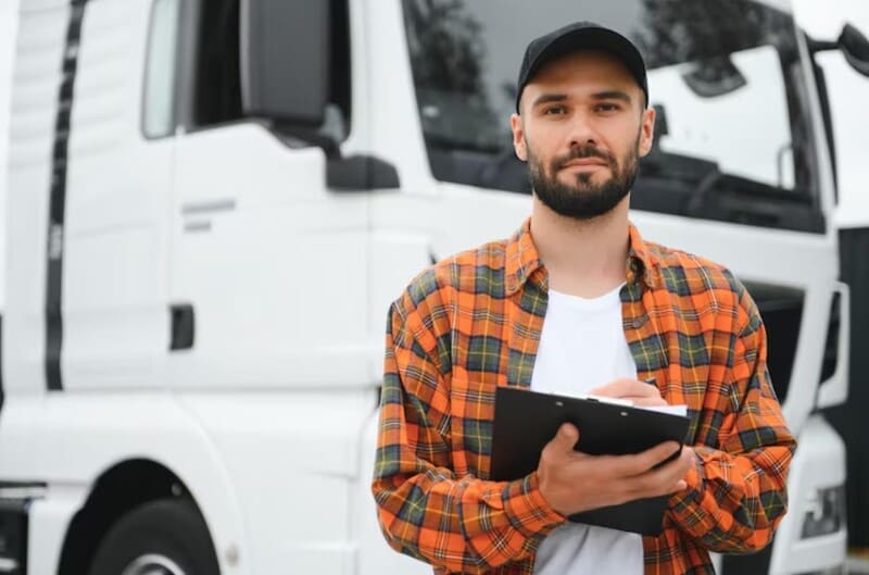 Motorista de caminhão analisa documentos de viagem, verificando se tudo está em dia.